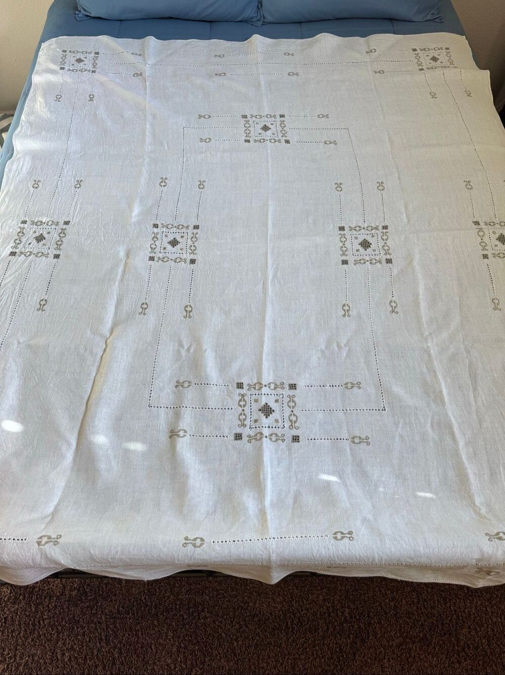 Italian Punto Antico antique stitch Tuscan Table cloth cover pure flax linen cre